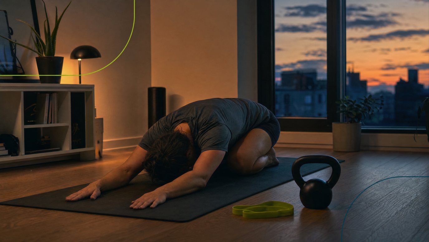 A person resting in child's pose on an exercise mat beside a kettlebell in a home gym corner at dusk with city lights outside