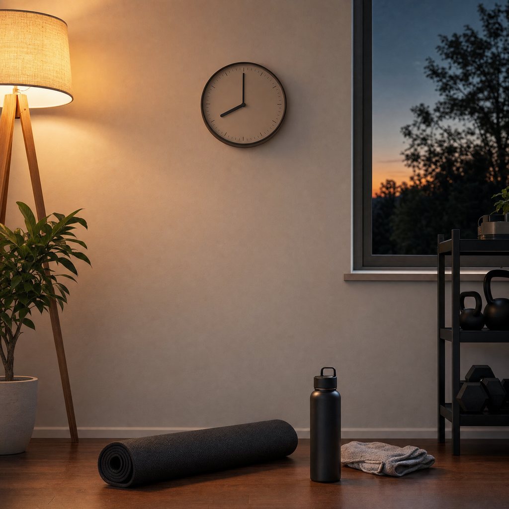A wall clock in the evening above a home gym corner with a folded mat, a water bottle and a towel in warm lamp light