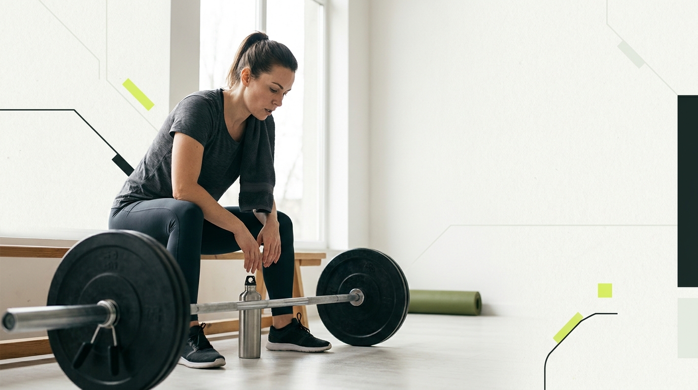 Athlete resting at a squat rack rest between strength training sets seated on a bench breathing deeply with towel and water bottle in a minimalist gym with subtle paper and field green brand accents