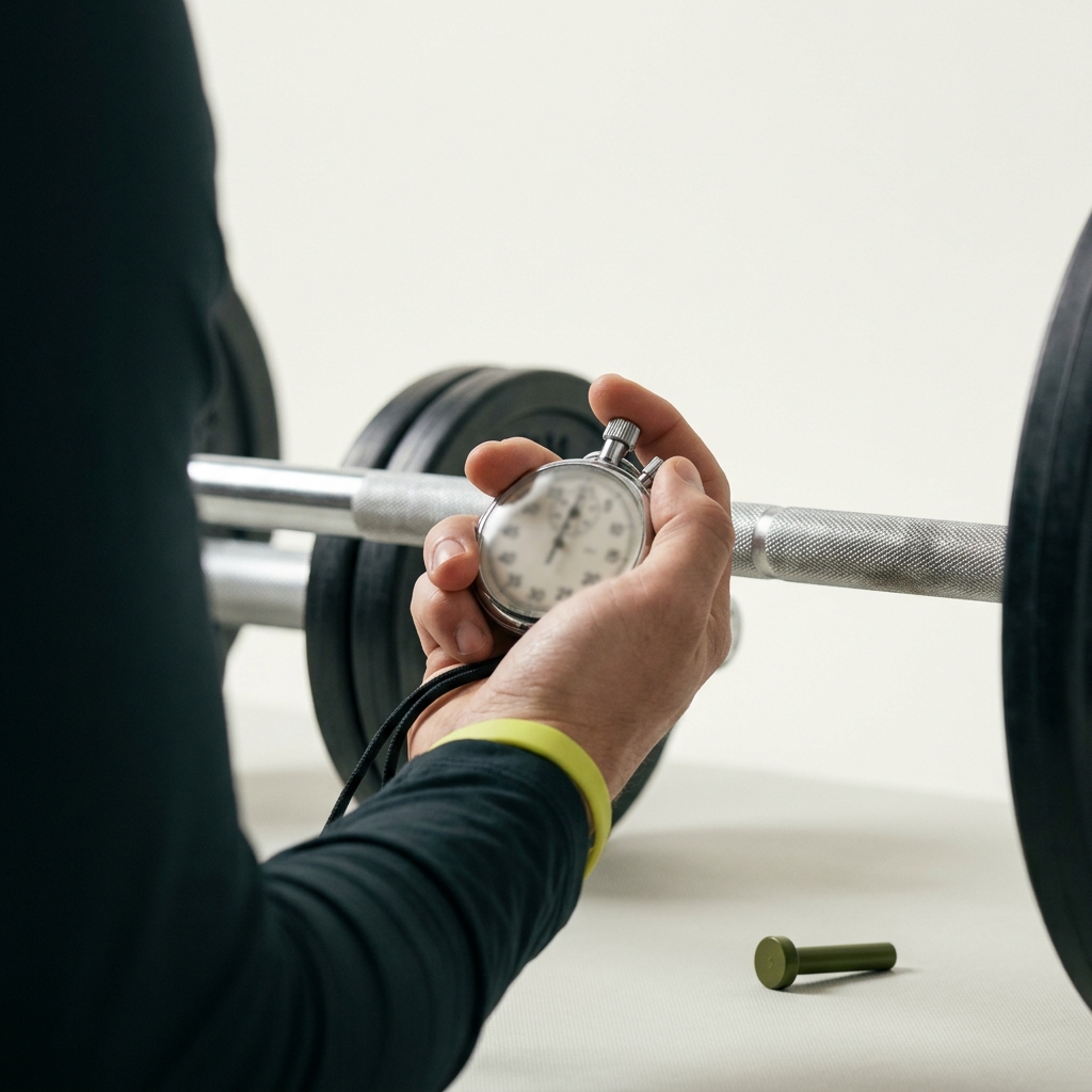 Close up of coach timing a lifter rest between strength training sets with a stopwatch near a loaded barbell in a minimalist gym setting