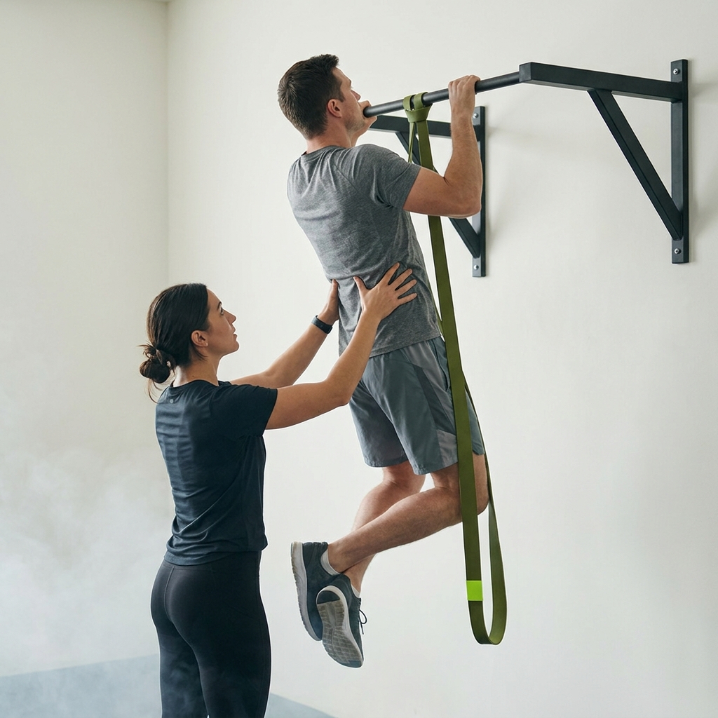 Trainer assisting client on a pull up bar using a loop resistance band showing safe grip at the waist and neutral spine alignment how to choose resistance band strength