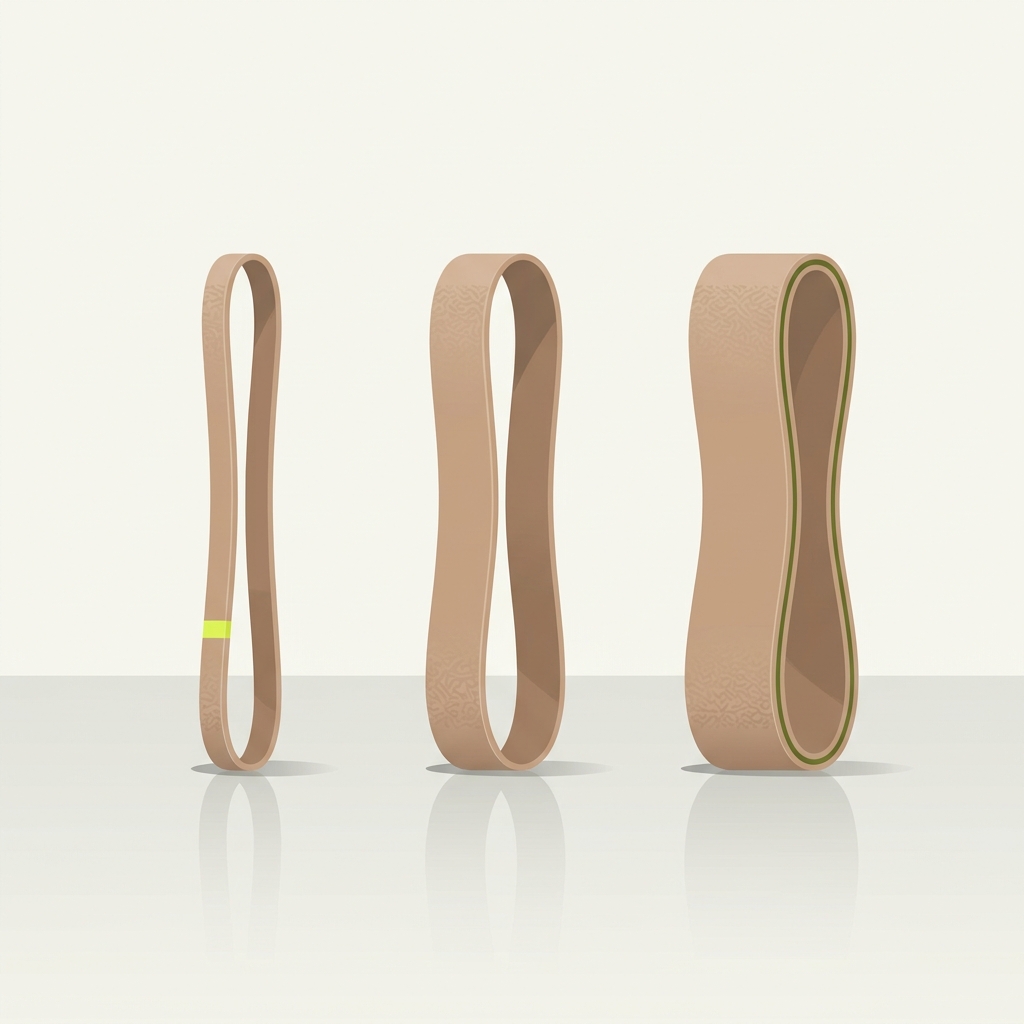 Minimalist 2D vector of three loop resistance bands arranged by tension from light to heavy on a Paper F8F8F3 studio background with Training ink 192221 shadows and Acid D6F34D and Field green 627325 accents how to choose resistance band strength