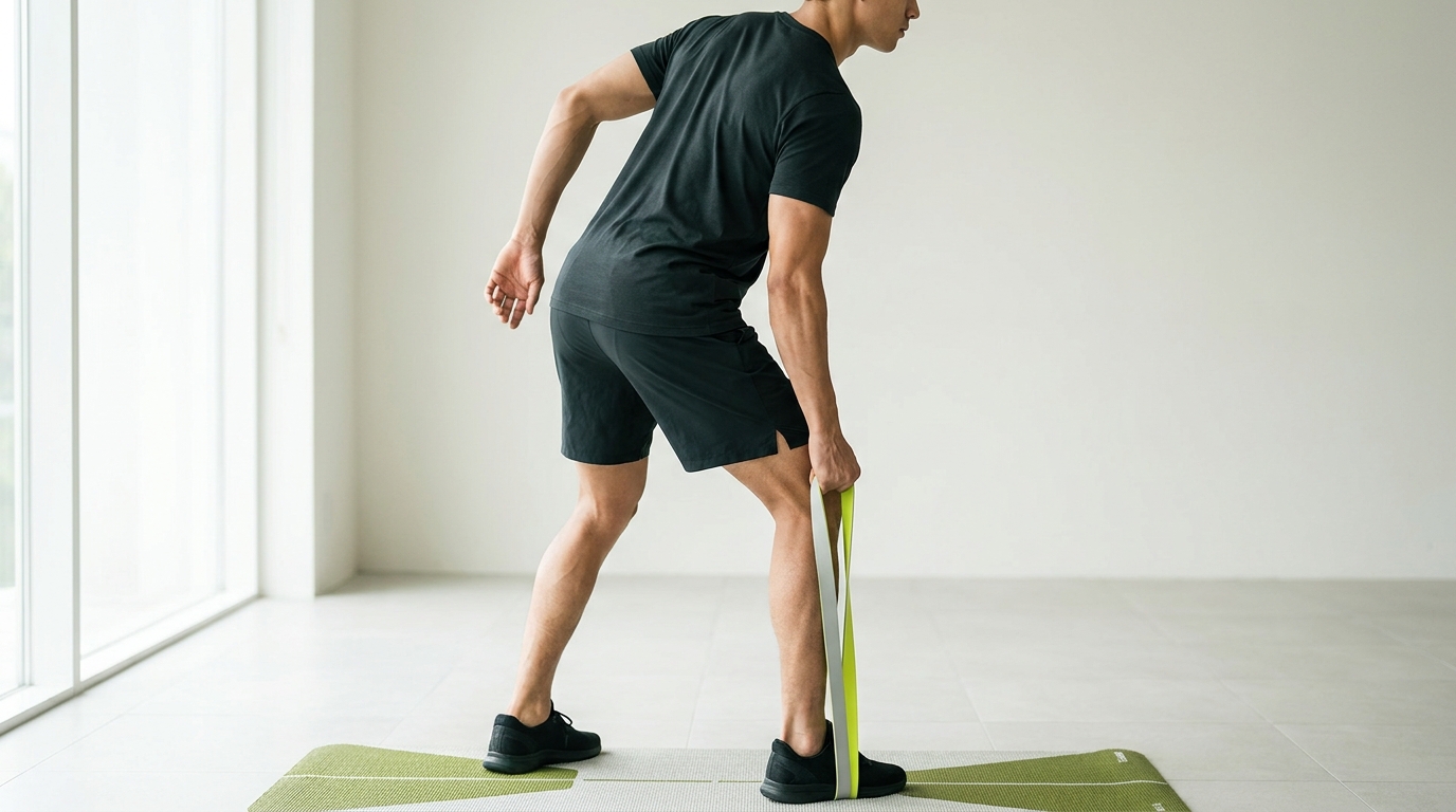 Person anchoring a loop resistance band under a foot performing a standing row in a minimalist gym with Paper #F8F8F3 background and Training ink and Field green accents how to choose resistance band strength