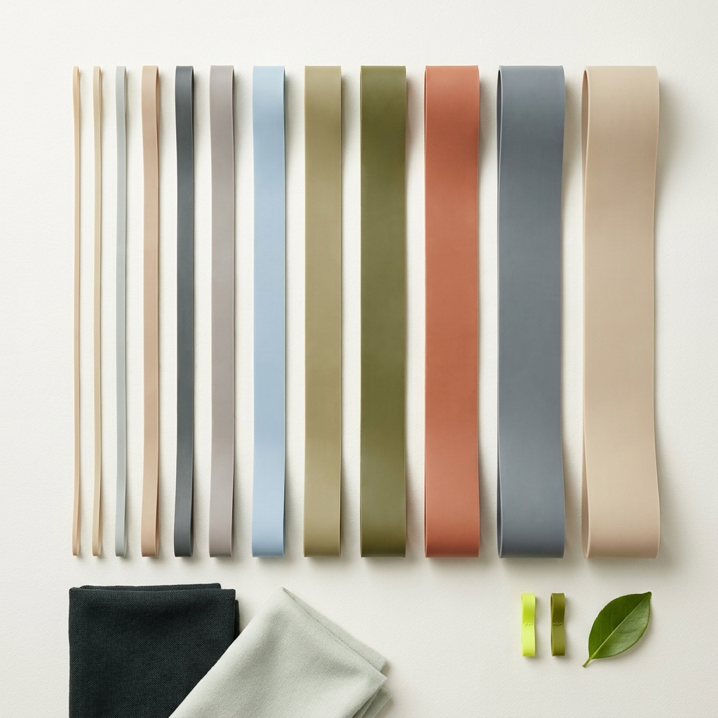 Close up top down flat lay of loop resistance bands laid flat side by side on a paper colored background showing widths and thicknesses for comparison how to choose resistance band strength