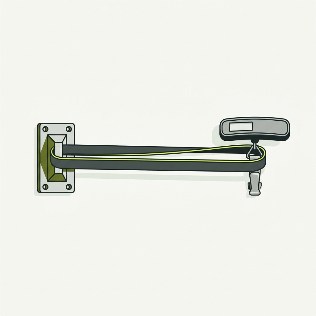 Minimalist 2D vector illustration of a resistance band anchored to a secure wall anchor pulled taut by a luggage scale on a paper background with branded color accents how to choose resistance band strength