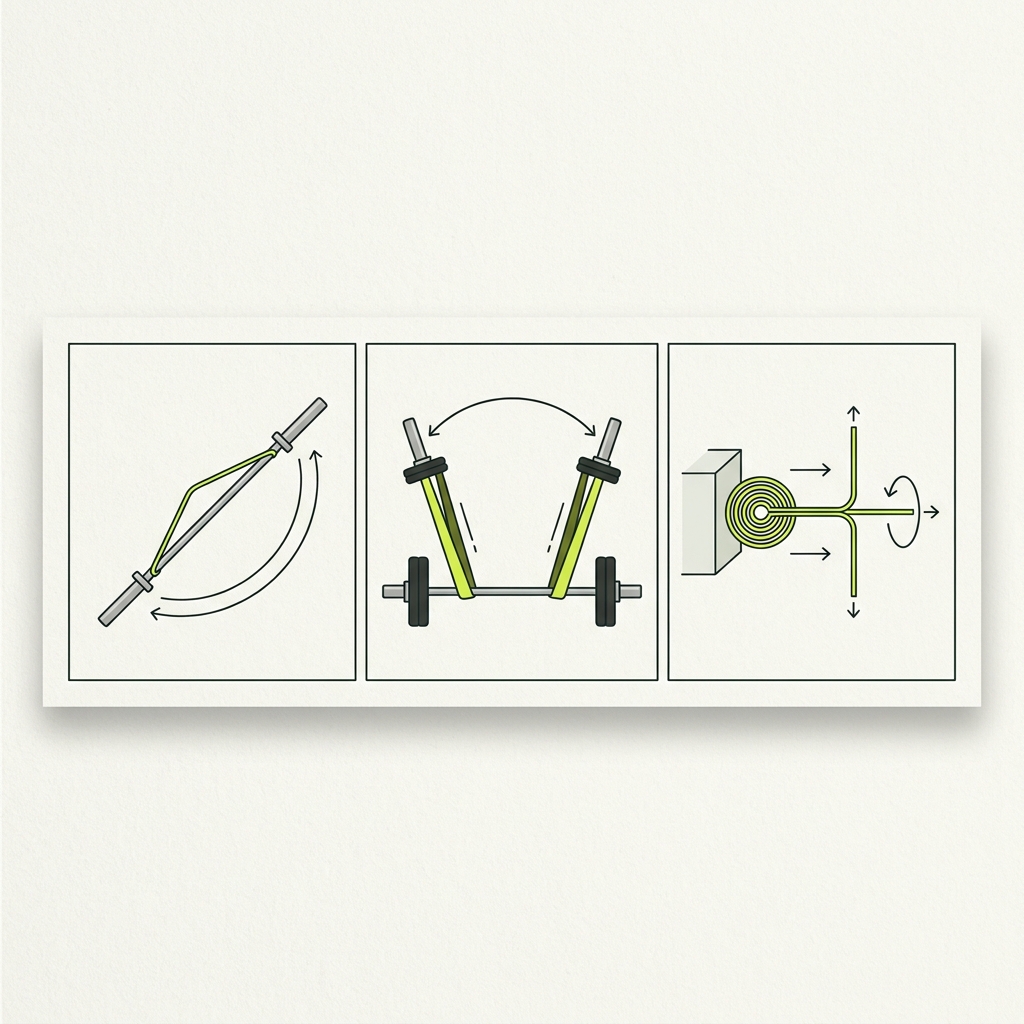 Minimalist 2D vector illustration showing a short warm up sequence with an empty barbell and resistance bands in three step panels on a paper background how to warm up before lifting weights