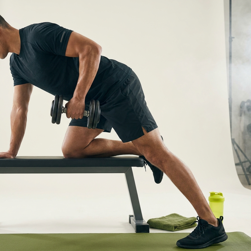 Side view of a person performing a one arm dumbbell row with elbow tracking toward the hip and a packed shoulder on a low bench in a minimalist gym demonstrating dumbbell rows proper form