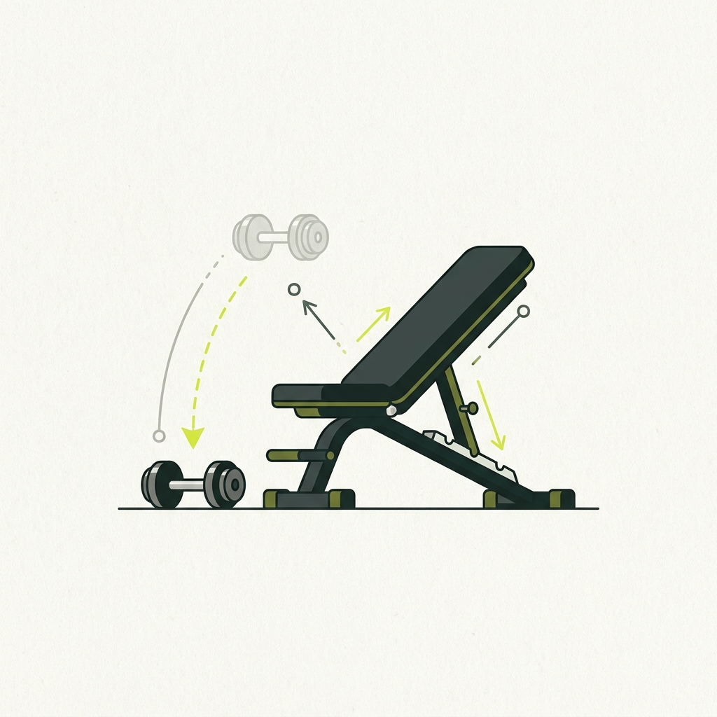 Minimalist 2D vector illustration of an incline chest supported bench and dumbbells with ghosted positions and curved path showing dumbbell rows proper form regression in Rep & Range brand colors