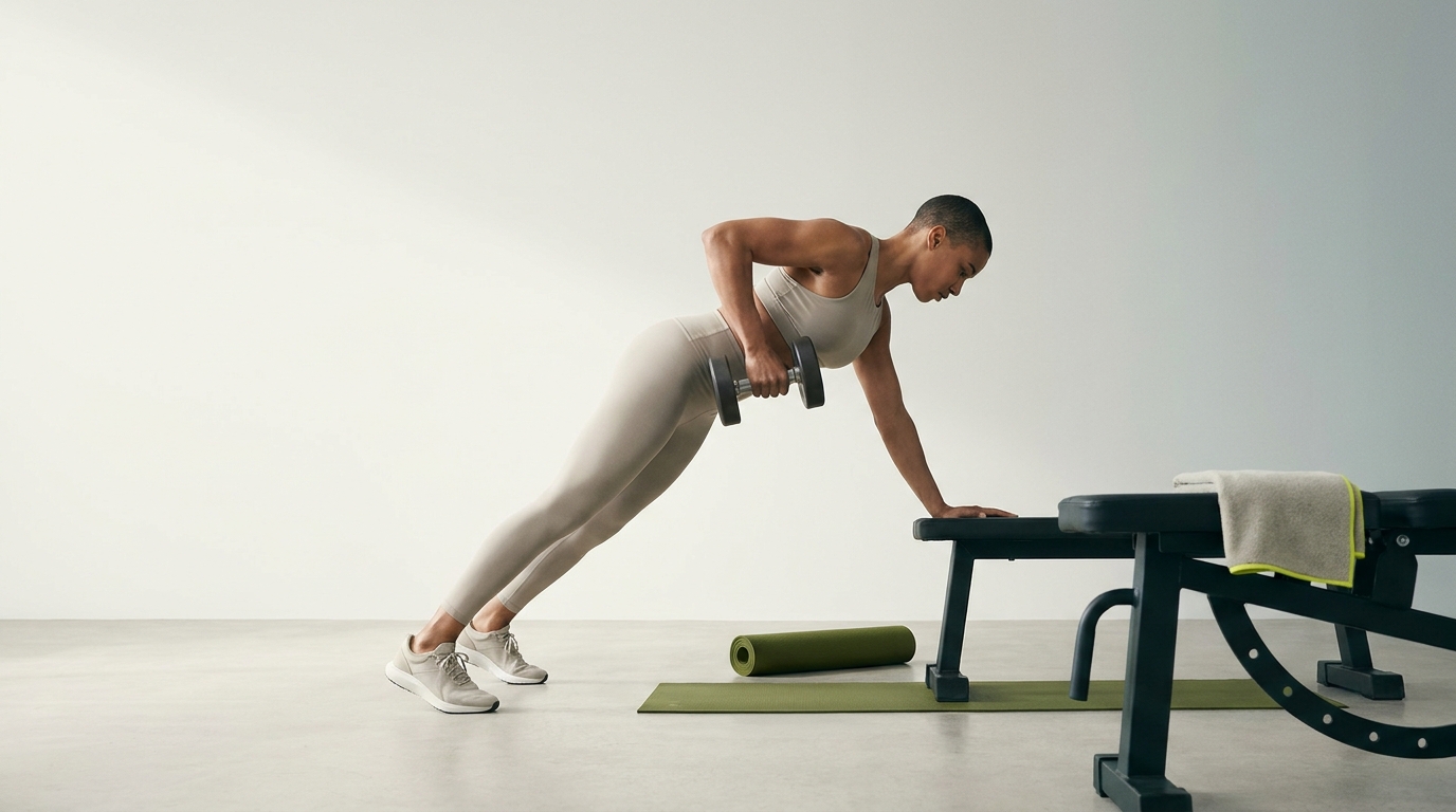 Athlete performing a strict single arm dumbbell row demonstrating dumbbell rows proper form with clear spinal alignment against a neutral Paper Mist background in a minimalist gym