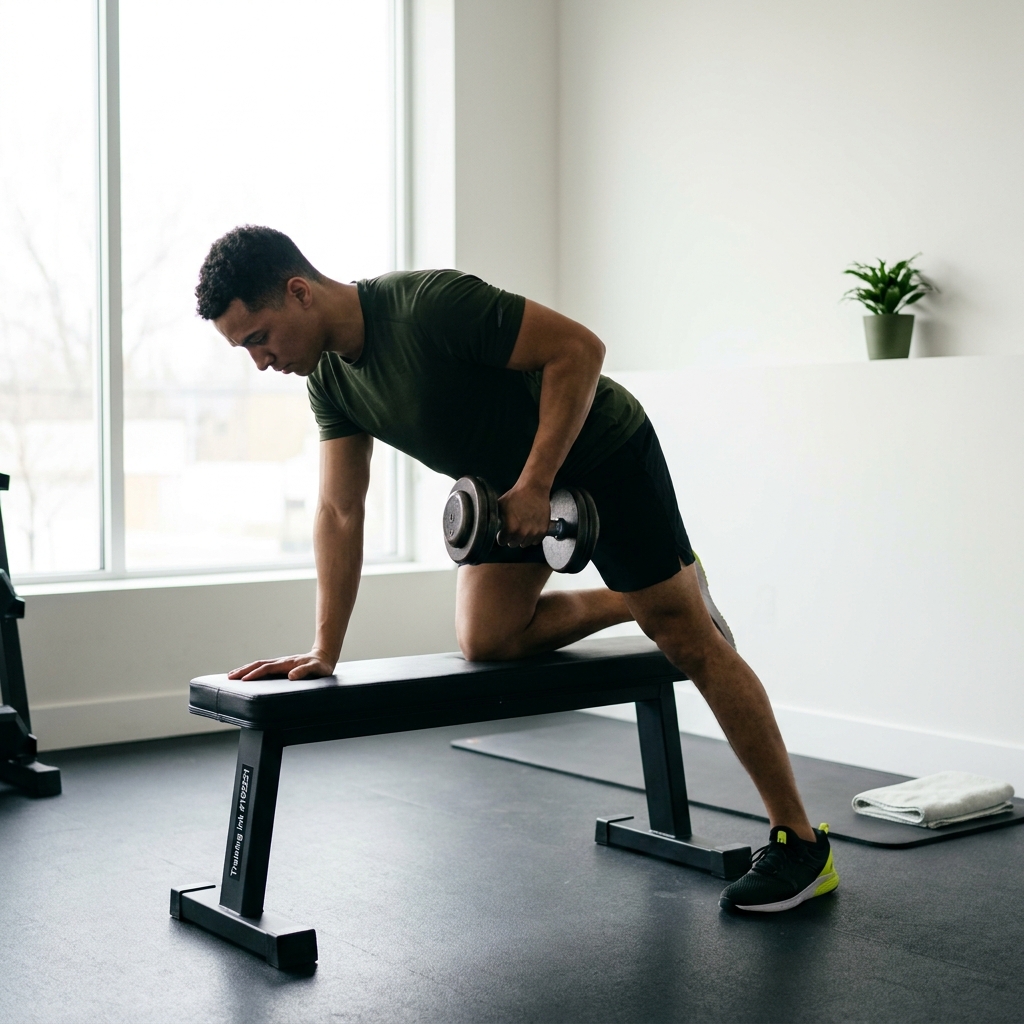 Side view of an athlete doing two arm supported dumbbell rows on a bench with neutral spine and scapular set in a minimalist gym showing dumbbell rows proper form