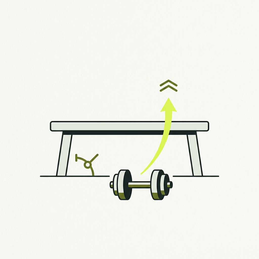 Minimal 2D vector diagram of a bench and dumbbell with curved motion arrow hinge icon and scapular chevron illustrating dumbbell rows proper form on a Paper colored background