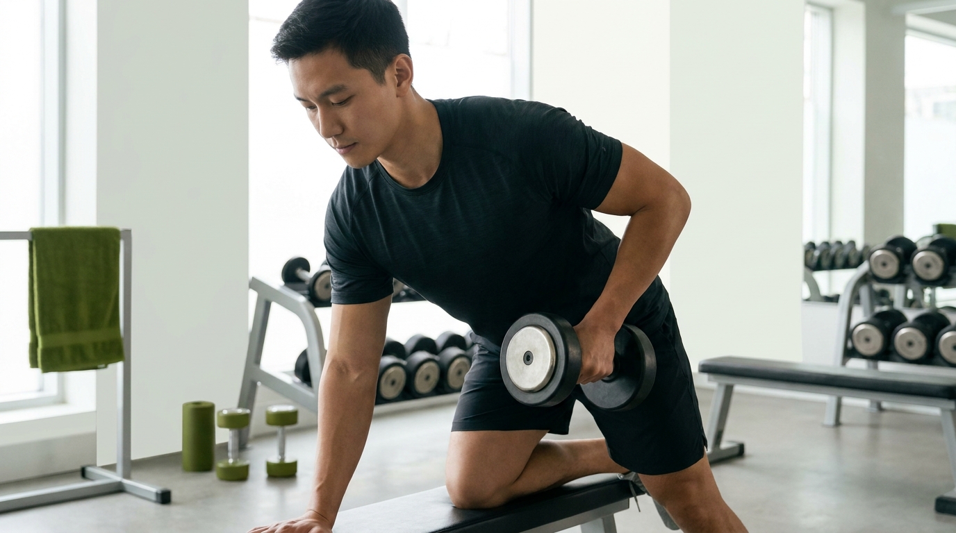 Female athlete performing a single arm dumbbell row with neutral spine and hip hinge in a bright commercial gym full frame showing dumbbell rows proper form