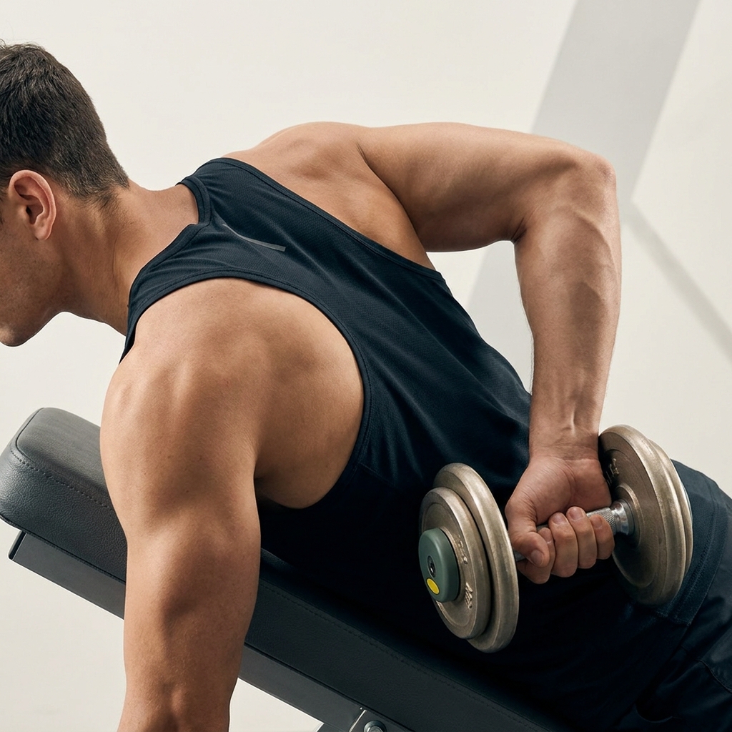 Close up of athlete at top of a one arm dumbbell row showing scapular retraction and elbow path toward hip highlighting muscle engagement dumbbell rows proper form