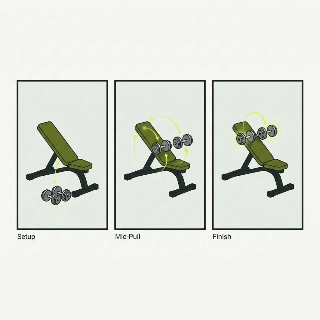 2D vector triptych of chest supported dumbbell row showing setup mid pull and finish with bench and dumbbells illustrating dumbbell rows proper form in a minimalist Rep and Range palette