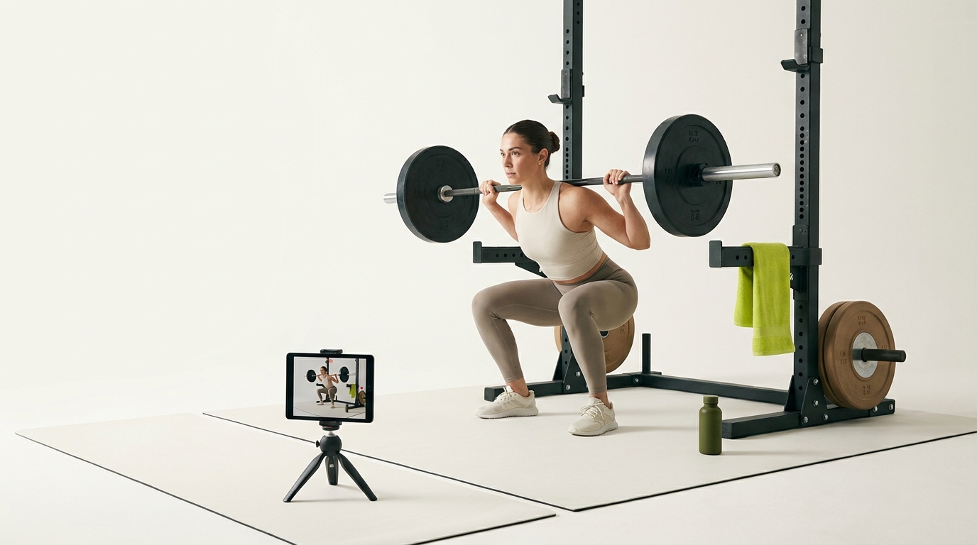 Lifter filming a barbell squat with a tablet on a tripod in a minimalist gym to document form and weight for how to track progressive overload