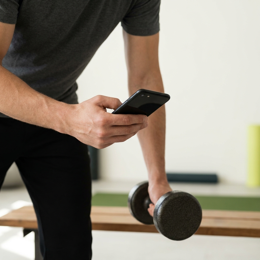 Coach writing training log on a phone while athlete holds a dumbbell in a clean minimalist gym setting showing how to track progressive overload