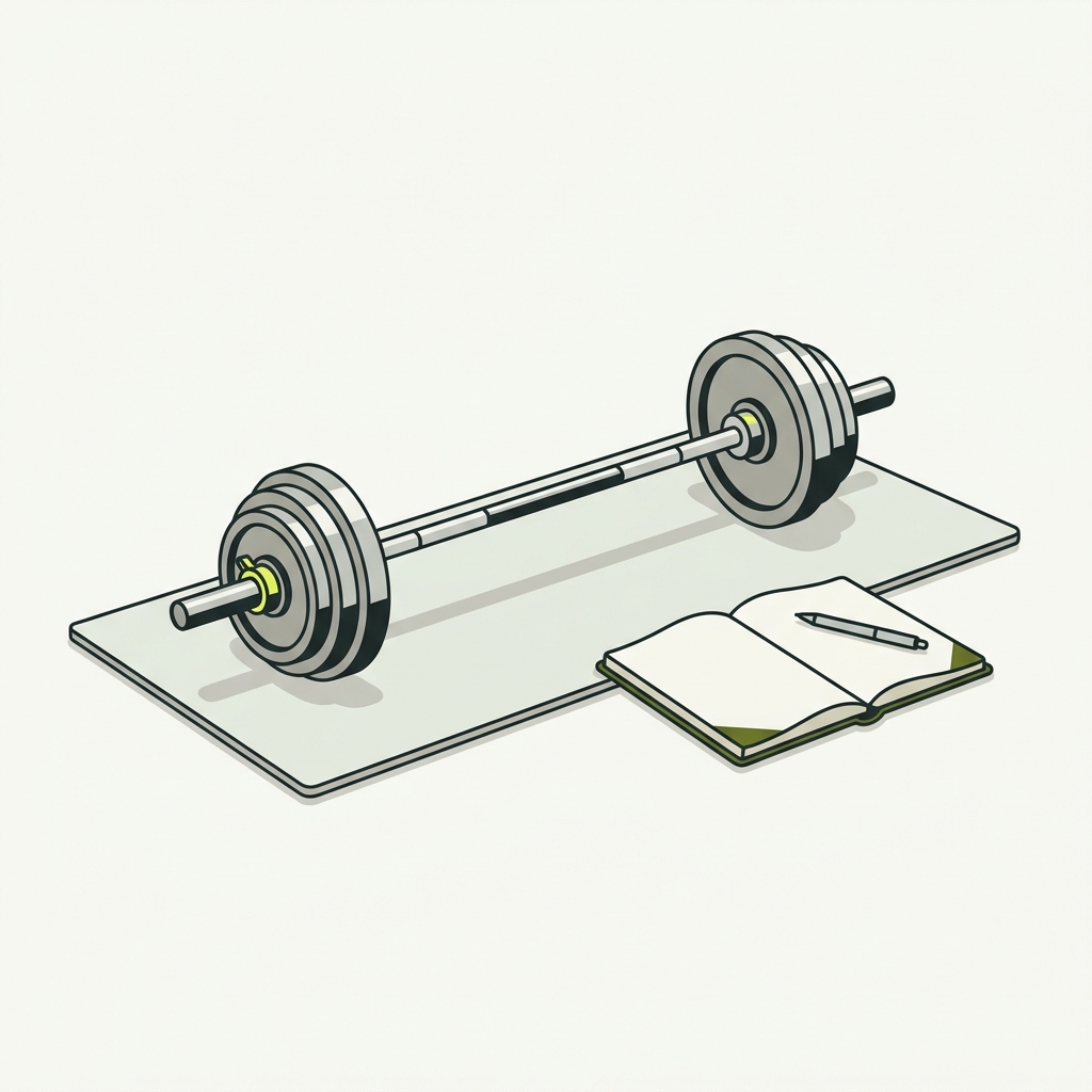 Minimalist 2D vector illustration of a barbell with weight plates beside an open notebook and pen on a Paper background showing how to track progressive overload