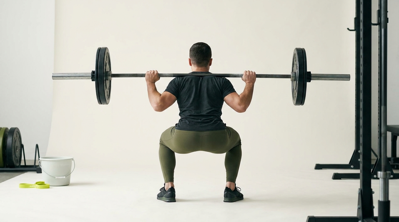 Lifter setting up a barbell back squat in a minimalist studio with pale paper background and subtle field green accents demonstrating squat setup how to track progressive overload