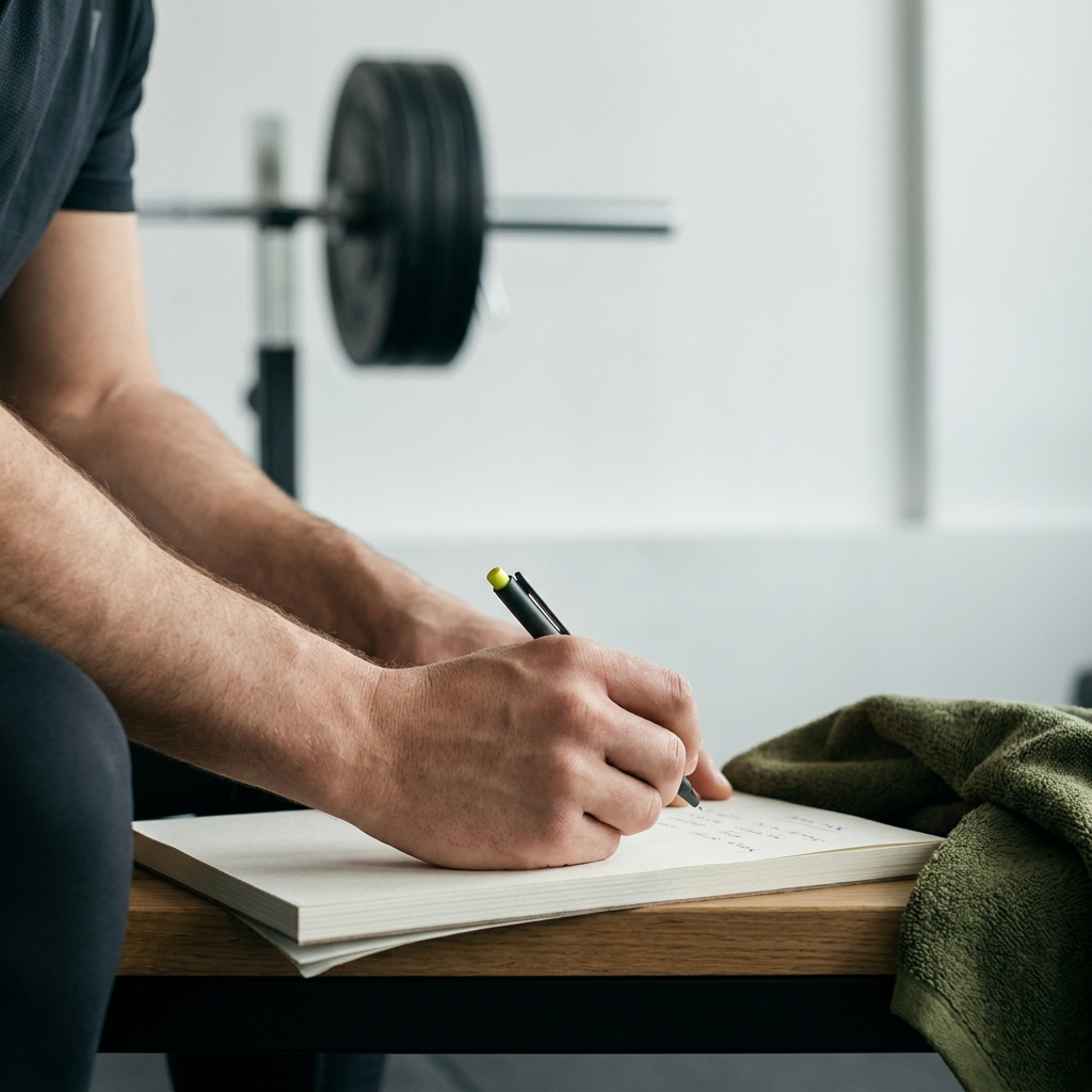 Close up of a coach writing a weekly training log on paper with a pen while a barbell rests blurred nearby on the gym floor minimalist composition natural skin tones accents in brand colors how to track progressive overload
