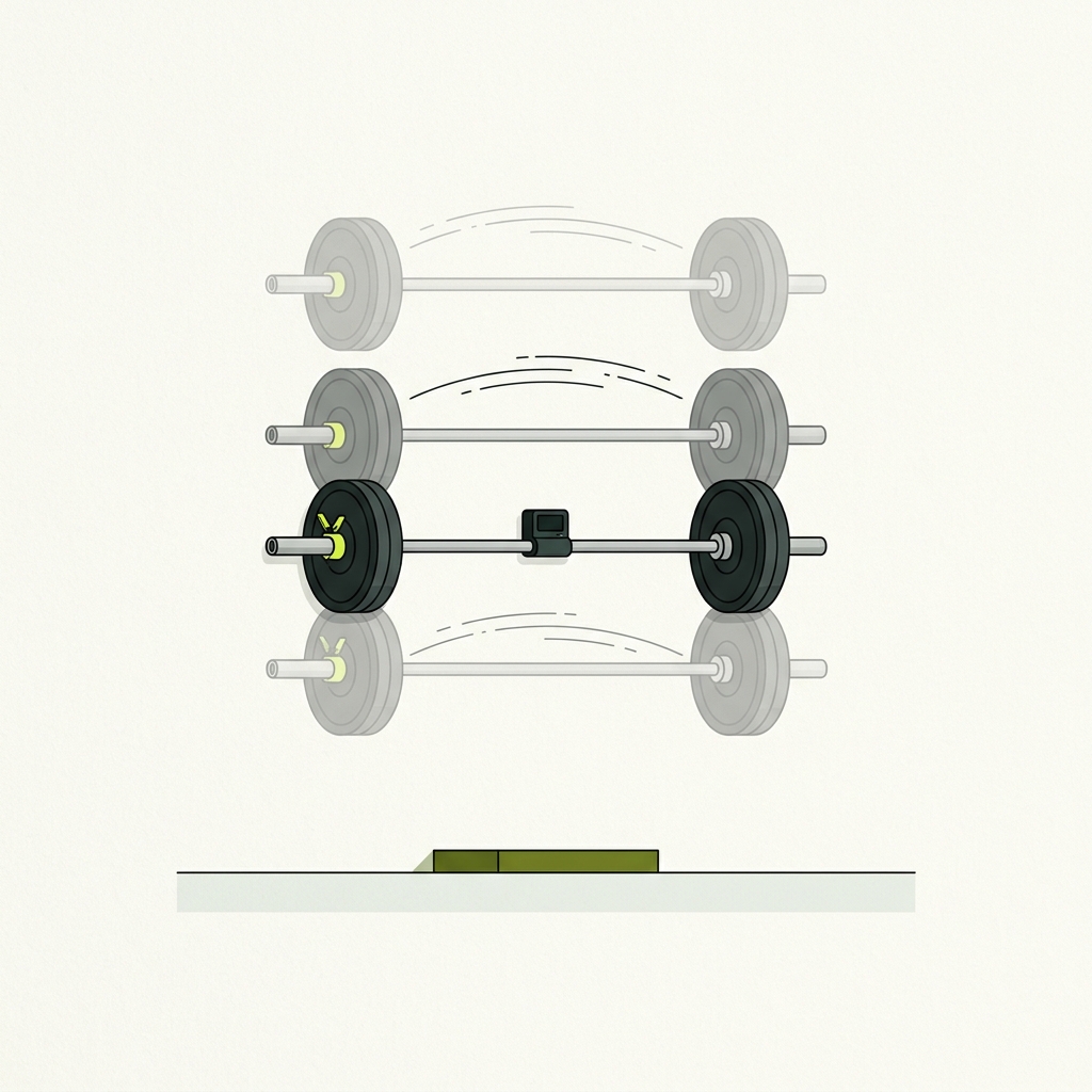 2D vector diagram of a barbell with a clip on velocity sensor showing three ghosted positions and motion path on a Paper background how to track progressive overload
