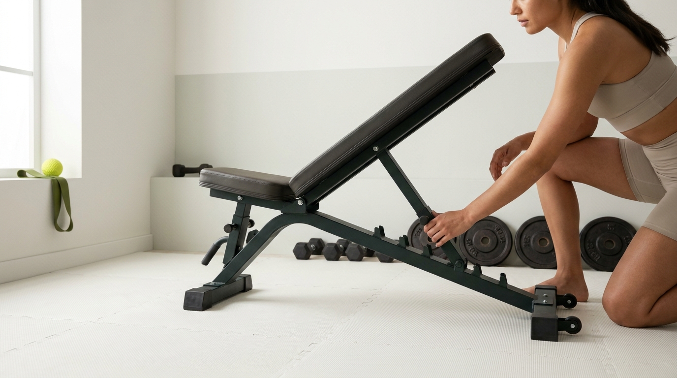 Adjustable workout bench in a tidy home gym with natural light and weight plates on the floor, minimalist layout and subtle Rep and Range brand colors, how to choose a workout bench