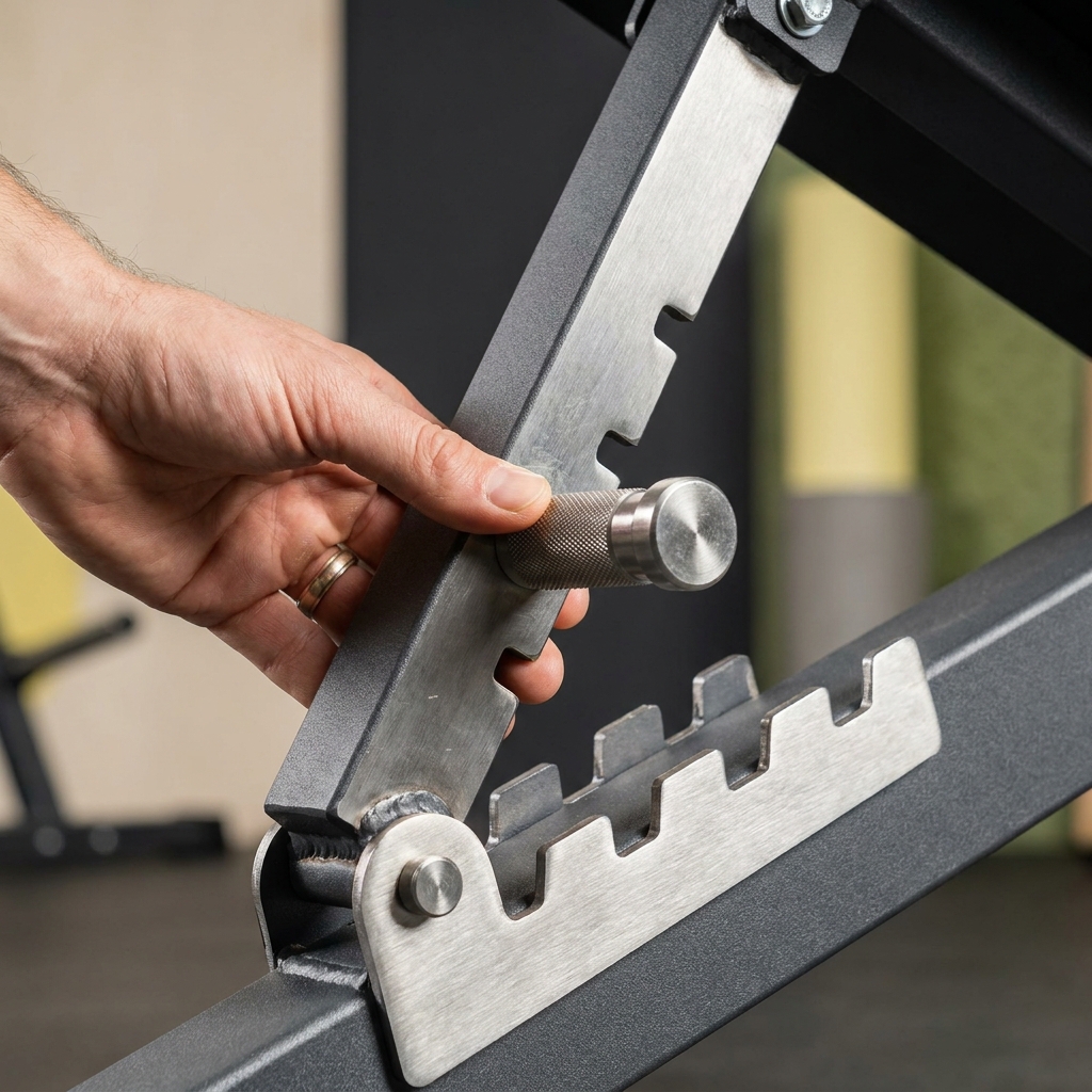Close up full frame image of a bench ladder adjustment showing heavy duty pop pin hardware welds and brushed metal finish with a hand adjusting the pin how to choose a workout bench