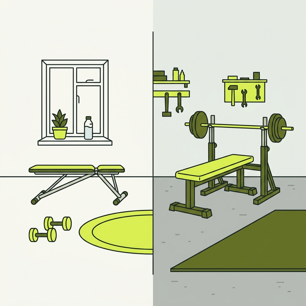 2D vector split scene showing a compact foldable bench in a small apartment and a heavy duty bench in a garage gym side by side minimalist editorial comparison illustrating how to choose a workout bench