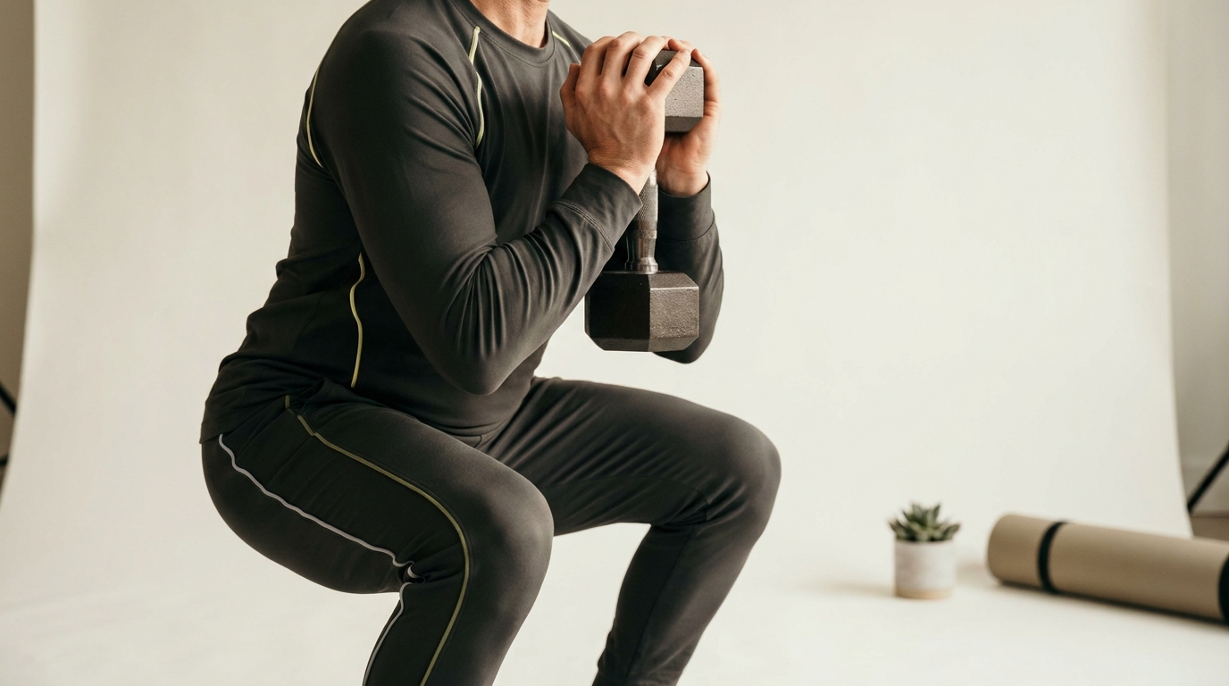 Person demonstrating how to grip dumbbells correctly using a neutral grip at chest level for a goblet squat with clear wrist alignment visible against a minimalist paper background with green accent