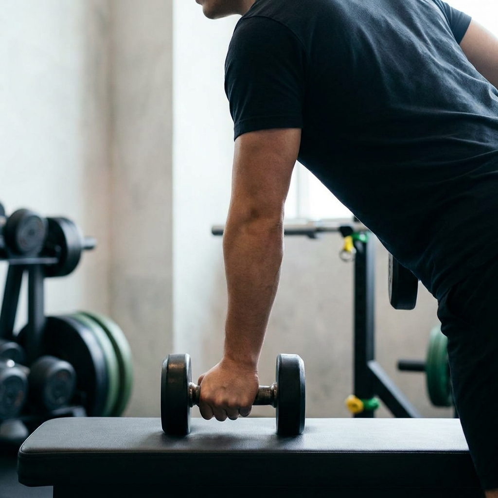 How to grip dumbbells correctly close up of a person performing a single arm dumbbell row with a neutral grip showing thumb wrapped and wrist stacked minimalist gym setting Paper #F8F8F3 background and Training Ink #192221 equipment accents