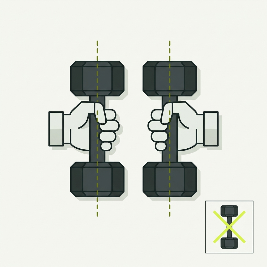 Minimalist 2D vector of hex dumbbells with neutral grip alignment guides showing how to grip dumbbells correctly for farmer carry focus on wrist alignment using Rep and Range palette
