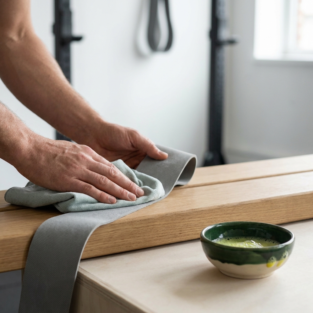 Hands wiping a flat resistance band with a soft cloth beside a bowl of soapy water