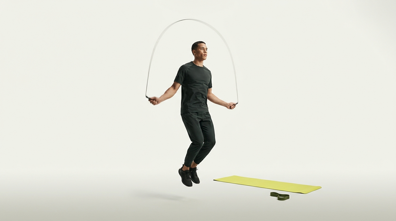 Athlete mid jump with rope overhead in a minimalist gym focusing on form alignment and wrist position