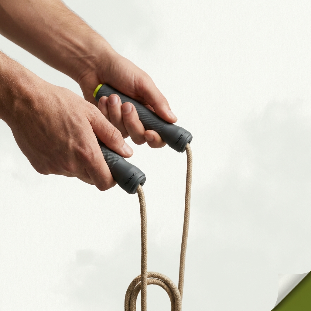 Close up of hands holding jump rope handles while standing on the rope midpoint demonstrating on a minimalist paper colored background