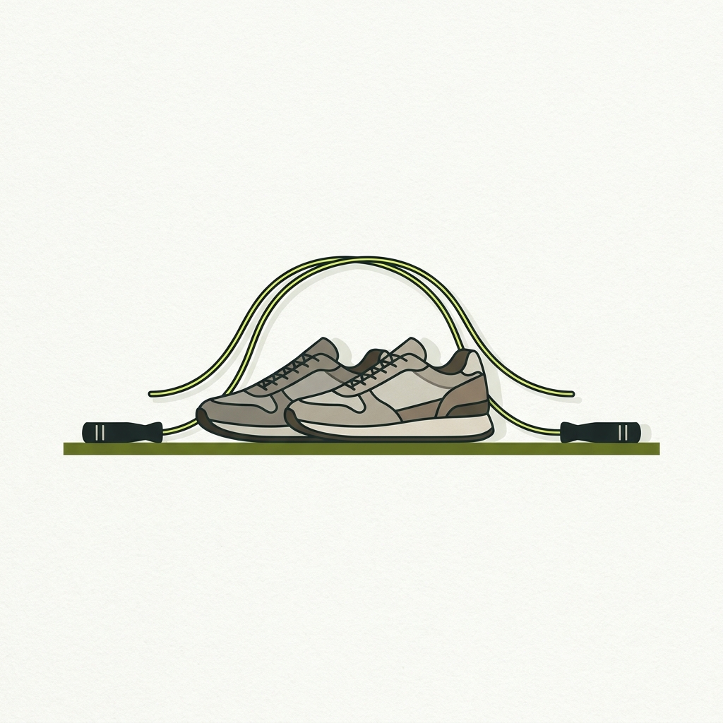 Minimalist 2D vector of a jump rope placed under athletic shoes demonstrating using the stand on center technique on a paper colored background