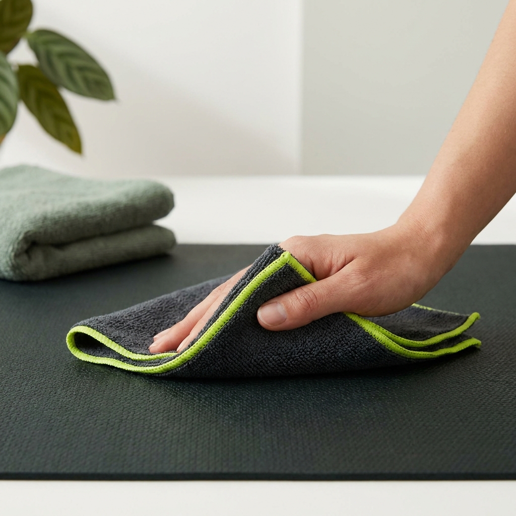 Close up of a hand wiping a textured yoga mat with a microfiber cloth on a minimal Paper background with subtle Field green accents do yoga mats need to be washed