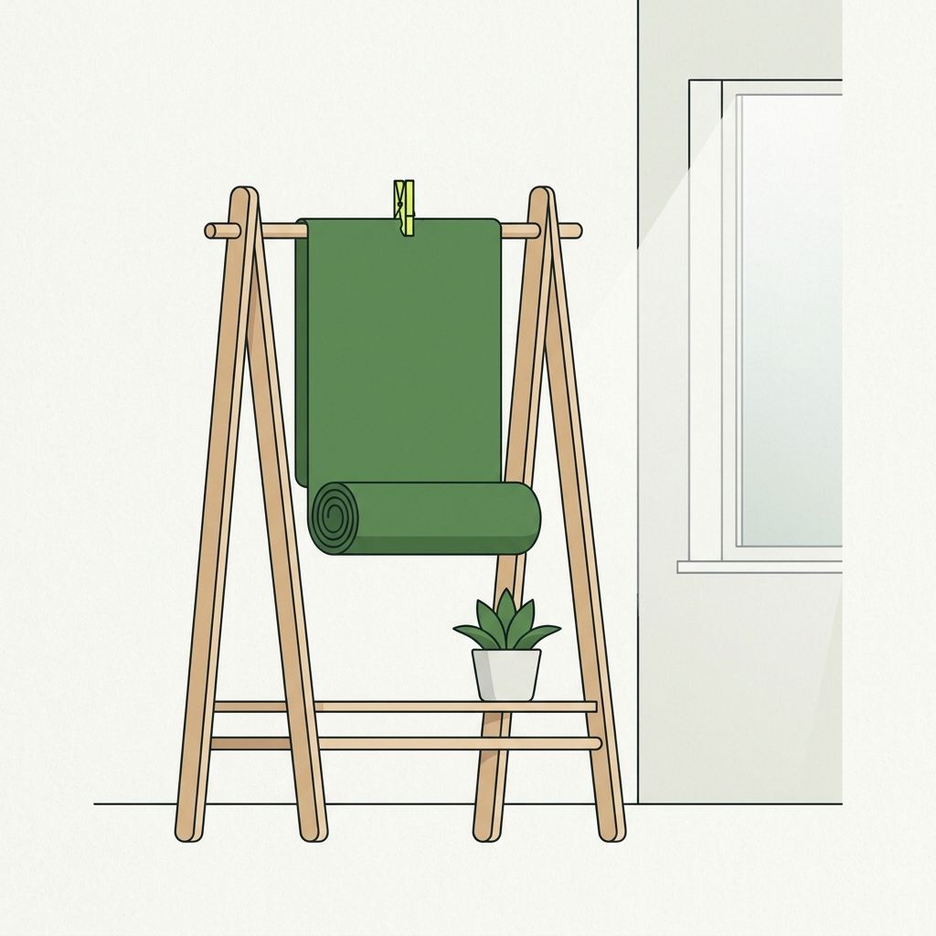 Do yoga mats need to be washed minimalist 2D vector illustration of a yoga mat hung over a light wooden indoor drying rack near a frosted window on a paper colored background with a small potted plant and soft diffused light