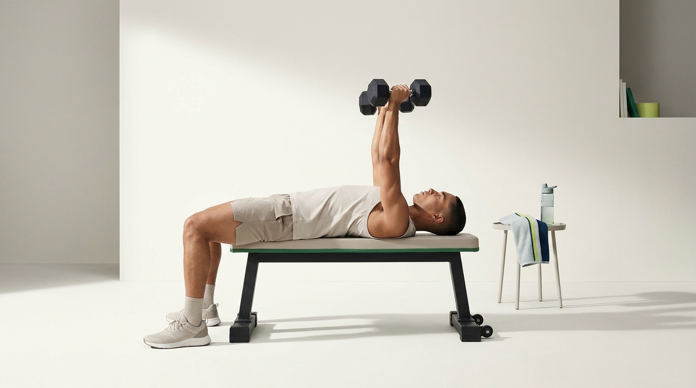 How do i choose the right dumbbell weight for me image of a fit person performing a dumbbell chest press on a bench with clean form, neutral paper toned background and soft studio lighting