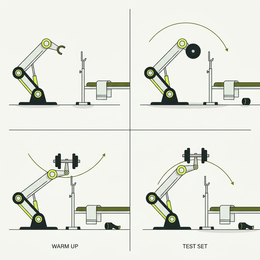 Minimalist two panel vector showing a dumbbell sequence for a biceps curl using a mechanical arm lever to indicate anatomically accurate elbow flexion left warm up low right test set no people how do i choose the right dumbbell weight for me
