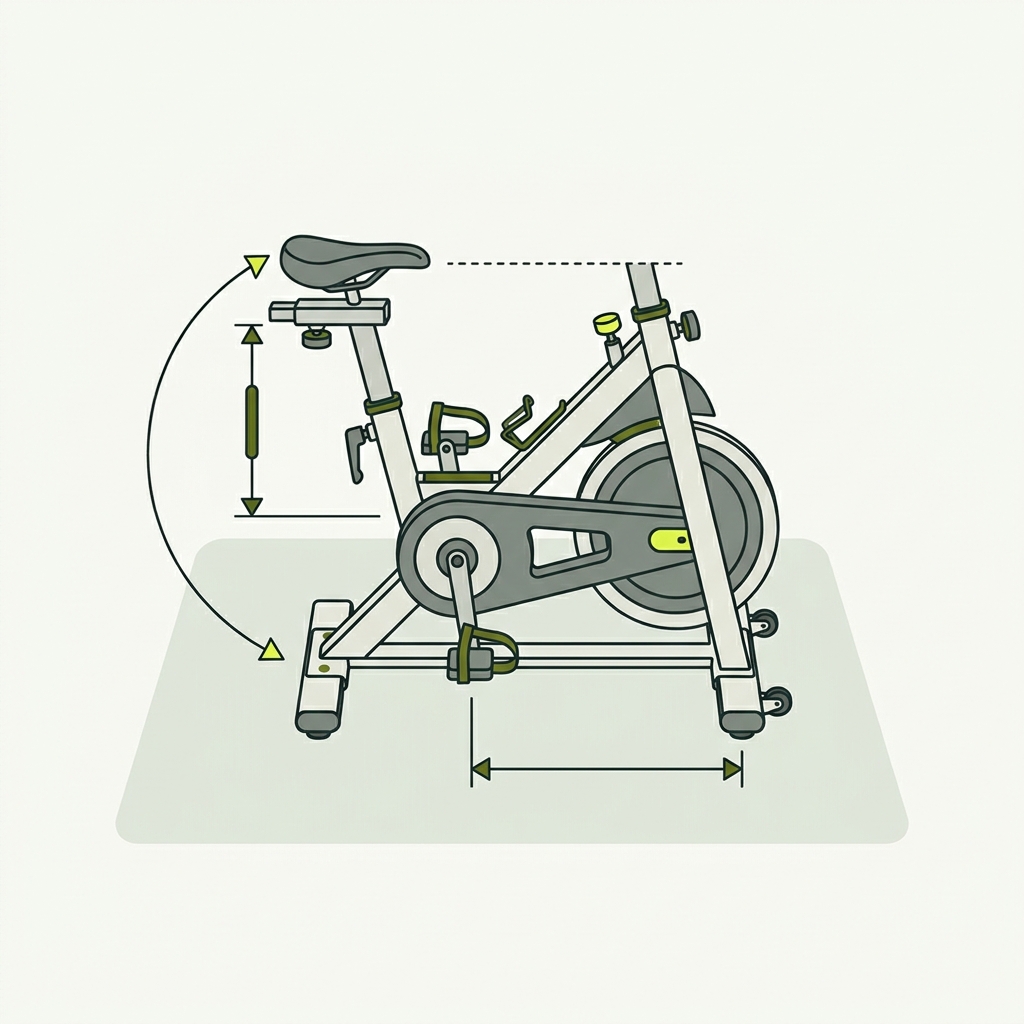 Overhead diagonal vector illustration of a stationary workout bike with a diagrammatic angle arc and distance markers illustrating how high should the seat be on a workout bike in a minimalist brand palette