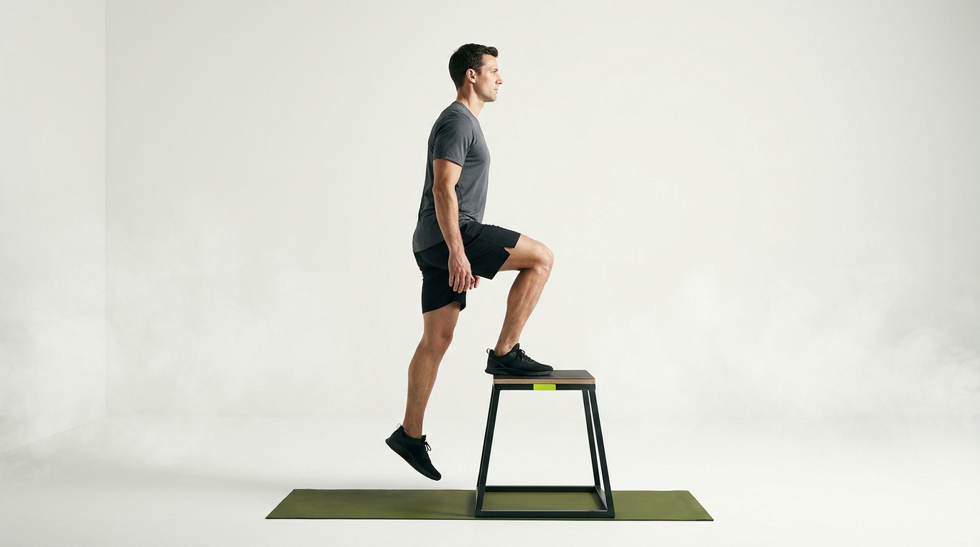 Side view of an adult performing a step up onto a stable plyo box showing clear knee and hip alignment what is the best starting height for step up exercises