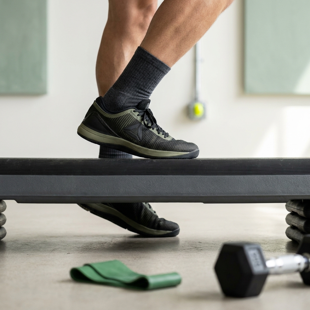 Close up of foot placement and heel drive during a step up on a low platform showing alignment and heel drive what is the best starting height for step up exercises