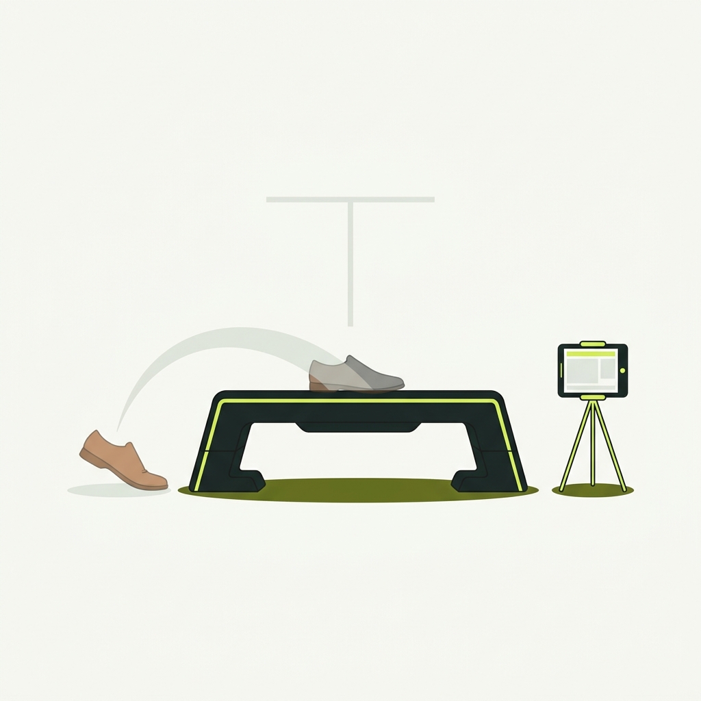 What is the best starting height for step up exercises minimalist 2D vector side view of a plyo step with two shoe positions showing anatomically accurate step up movement and a coaching tablet
