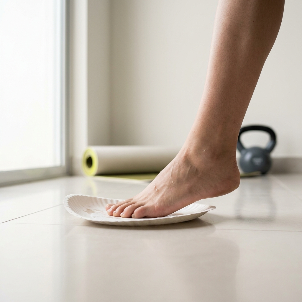 Close up of bare feet and lower legs sliding a paper plate slider over light tile floor demonstrating how do you use sliders as a simple exercise substitute in a minimalist gym setting