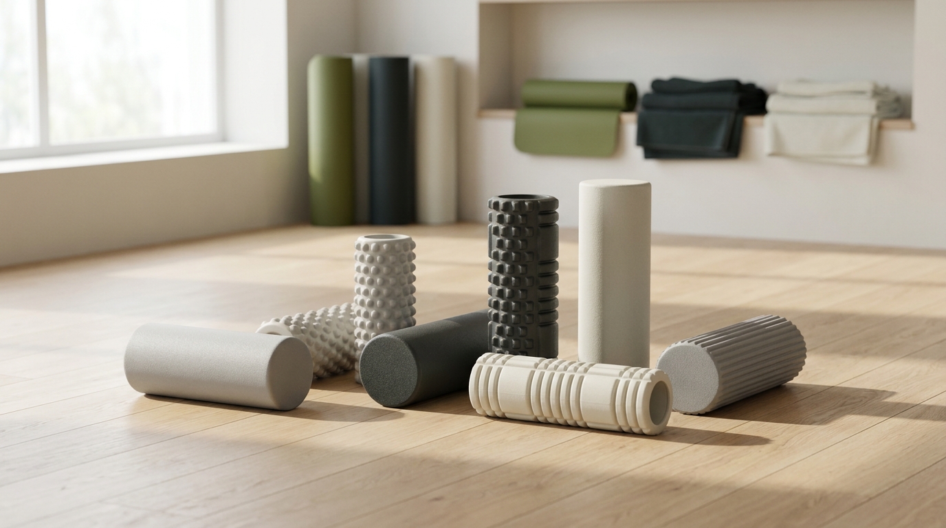 Foam rollers arranged by size and texture on a clean studio floor with soft natural light what factors should i consider when choosing a foam roller