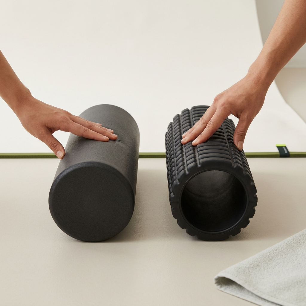 Close up of a hand pressing a smooth foam roller and a hand pressing a textured foam roller side by side to compare surfaces in a minimalist gym setting what factors should i consider when choosing a foam roller