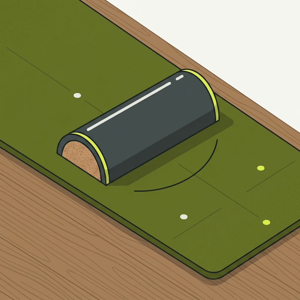 Minimalist 2D vector illustration of a half round foam roller on a training mat with alignment guides and stable contact points what factors should i consider when choosing a foam roller