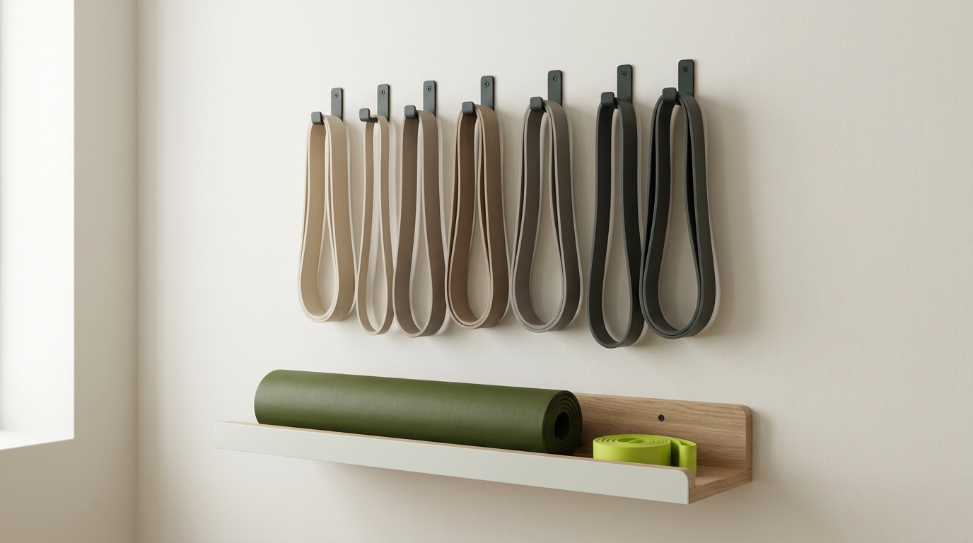 Minimal editorial still life of resistance bands hung neatly on a peg rail against a paper colored background with soft diffuse light, no faces visible how often should resistance bands be checked