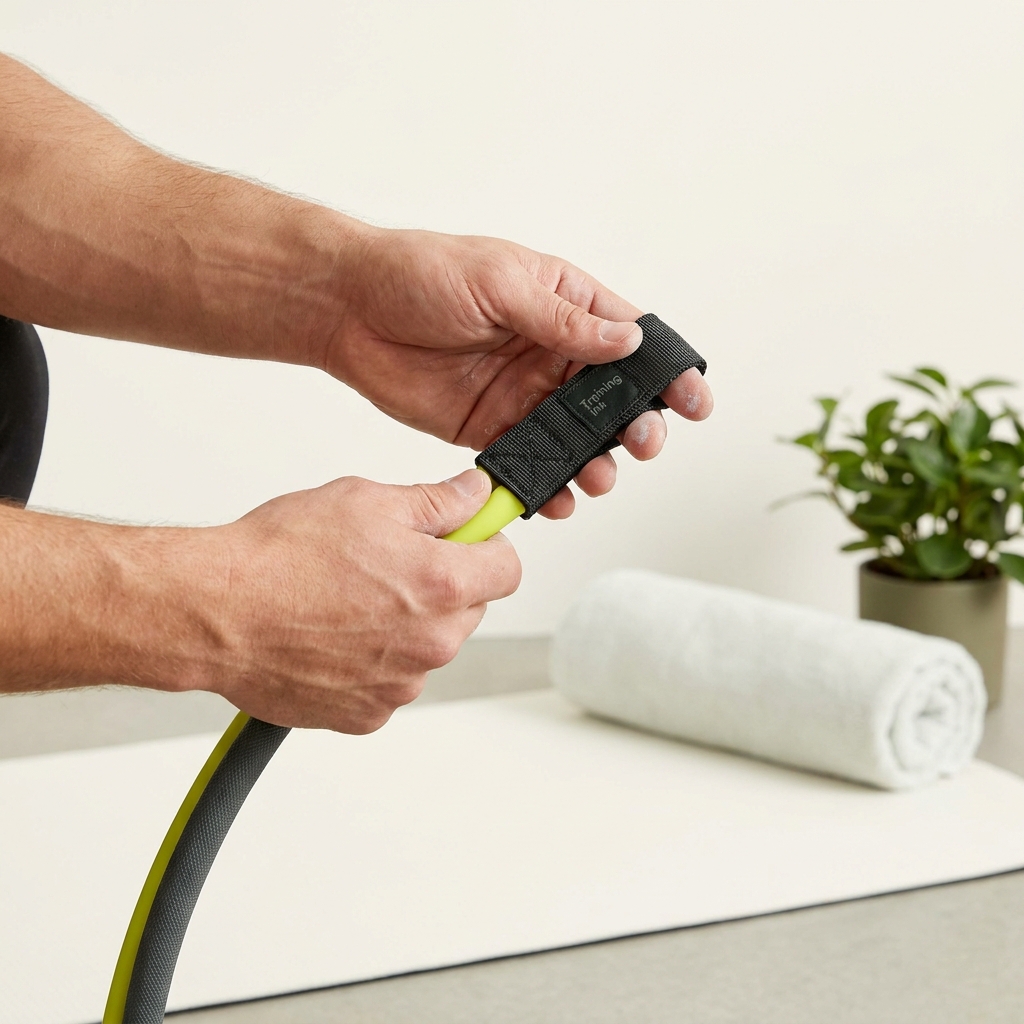 Trainer close up inspecting resistance band handle and end under bright even lighting focusing on seam and attachment point minimalist gym background how often should resistance bands be checked