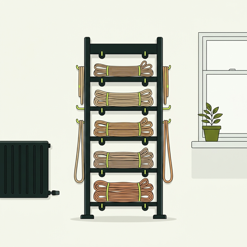 Minimalist 2D vector of an organized home workout corner showing resistance bands stored on a rack away from a window and a heat source with tidy shelf and plant how often should resistance bands be checked
