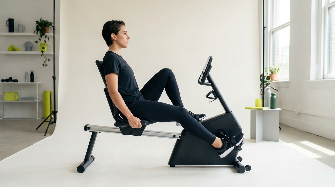 Side view of a person on a recumbent bike showing leg extension and knee bend to illustrate what is the proper seat position for a recumbent bike in a minimalist gym